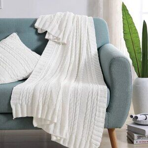NEW 50"x70" Dublin Cable Knit Throw Blanket White Cotton Cozy